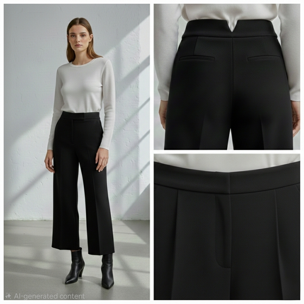 Zara Black Textured Wide-Leg Cropped Trousers Size Large Notched Waist Fit L
